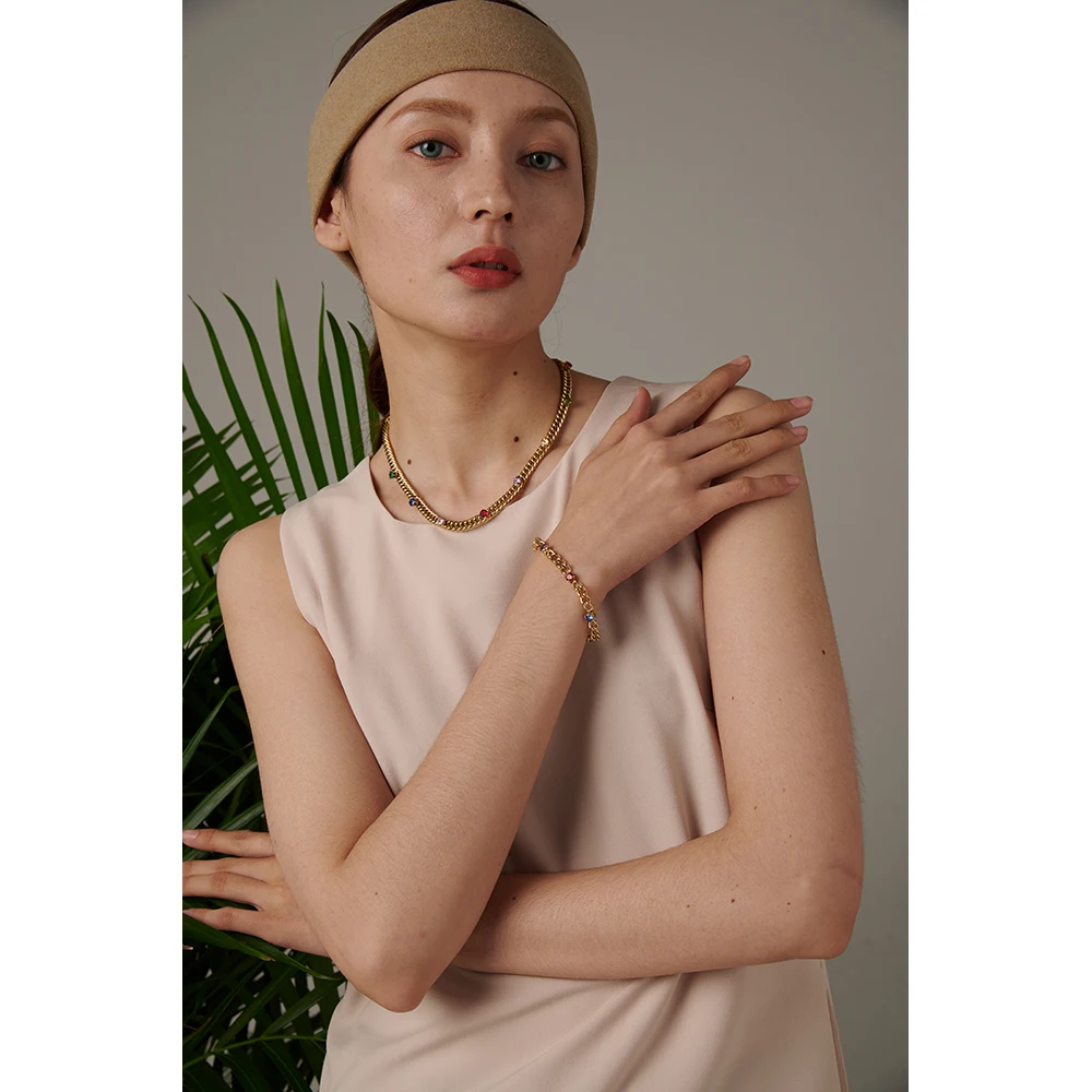 Stainless Steel Chain Necklace Colorful Cubic Zirconia Jewelry - Image 4