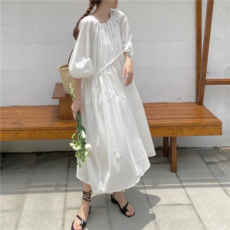 

Korean Dresses Women 100% Cotton Ruched Lantern Sleeve Patchwork Back Bandage Sweet Birthday Dress For Women Vestido Feminino
