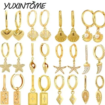 Vintage gold earring 925 sterling Silver Ear Needle Shell/Conch/Starfish Pendant Hoop Earrings for women Fashion Wedding Jewelry