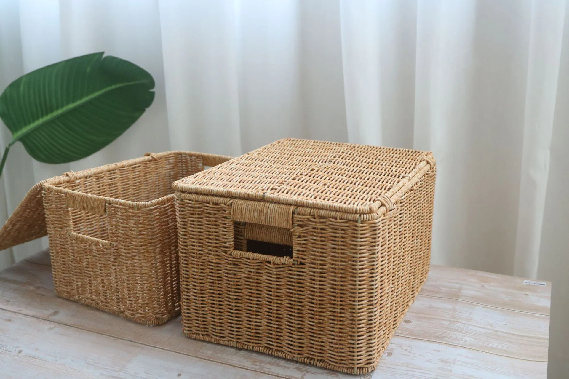 Hand-woven Storage Basket Rattan Storage Tray PP Rattan Basket Bread Fruit Food Breakfast Light Brown With Cover Storage Basket 3