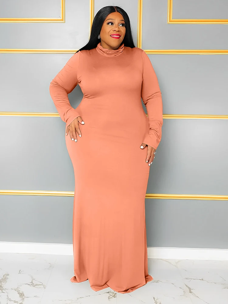 Maxi Dresses for Women Curvy Plus Size Clothes Elegant Casual Long Plain Dress Winter Turtleneck Dress Wholesale Dropshipping