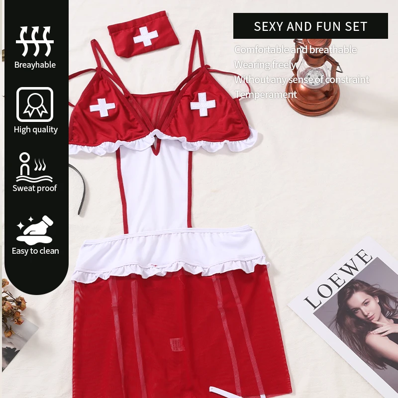 Sexy Nurse Lingerie Costume Cosplay Suit Womens Sexy Underwear Lingerie Costume Red & White G-String Bodysuit