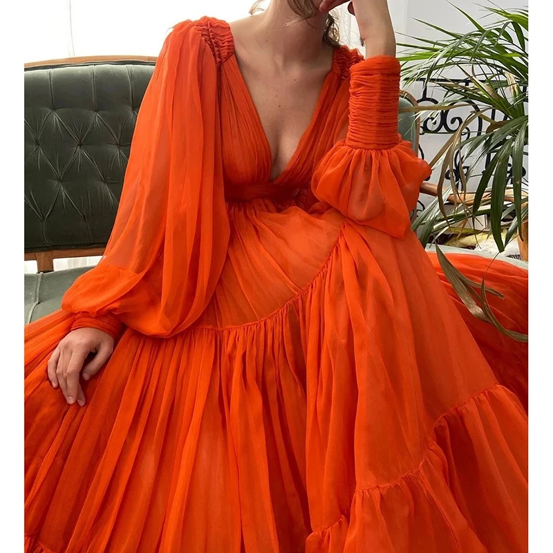 2022  V-Neck Pleats Princess Evening Gowns Women Party Dress Long Puff Sleeves Chiffon Prom Dresses formal evening gowns