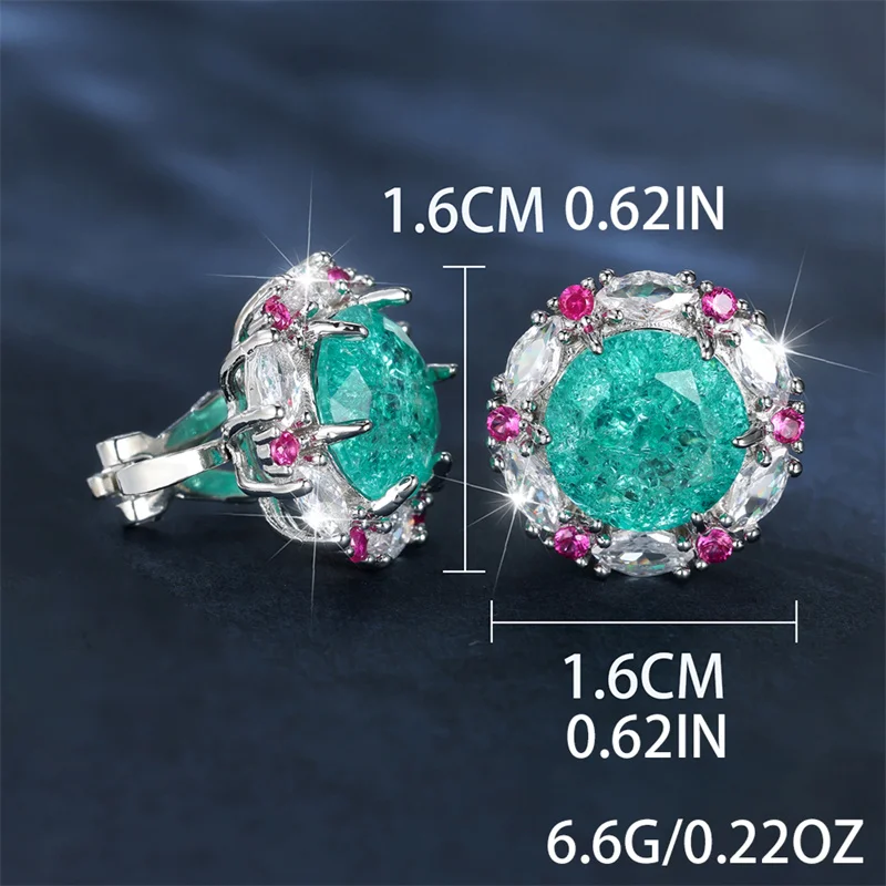 Cute Female Green Round Stone Clip Earrings Charm Silver Color Wedding Jewelry For Women