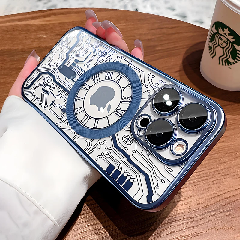 

Luxury Circuit Pattern For Magsafe Case For iPhone 14 13 12 11 Pro Max Plating Magnetic Back Cover Wireless Charging Accessories