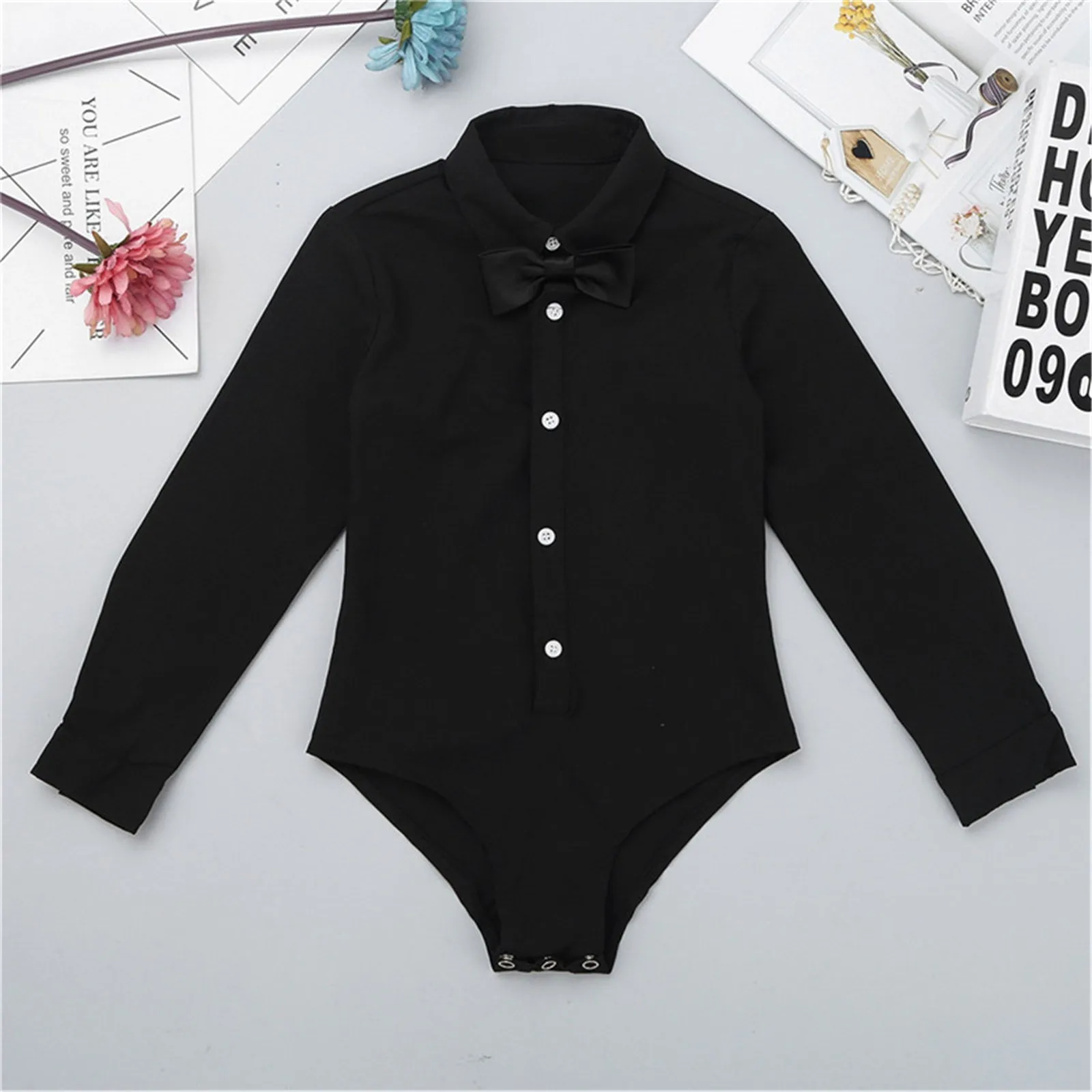 Kids Boys Shirts Rompers Long Sleeve Lapel Bowtie Shirt Gentleman Bodysuit Children's Latin Dance Leotard Performance Costumes