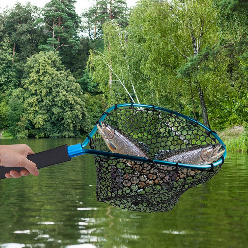 Fish Net Folding Fly Fishing Landing Net Catch and Release Trout Net  Aluminum Alloy Frame with Soft Rubber Mesh Black Rubber Dip Net