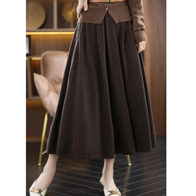 Autumn and Winter  New Women's Long Knitted Skirt Simple Versatile Slim Solid Color Mid Length Pleated Skirt