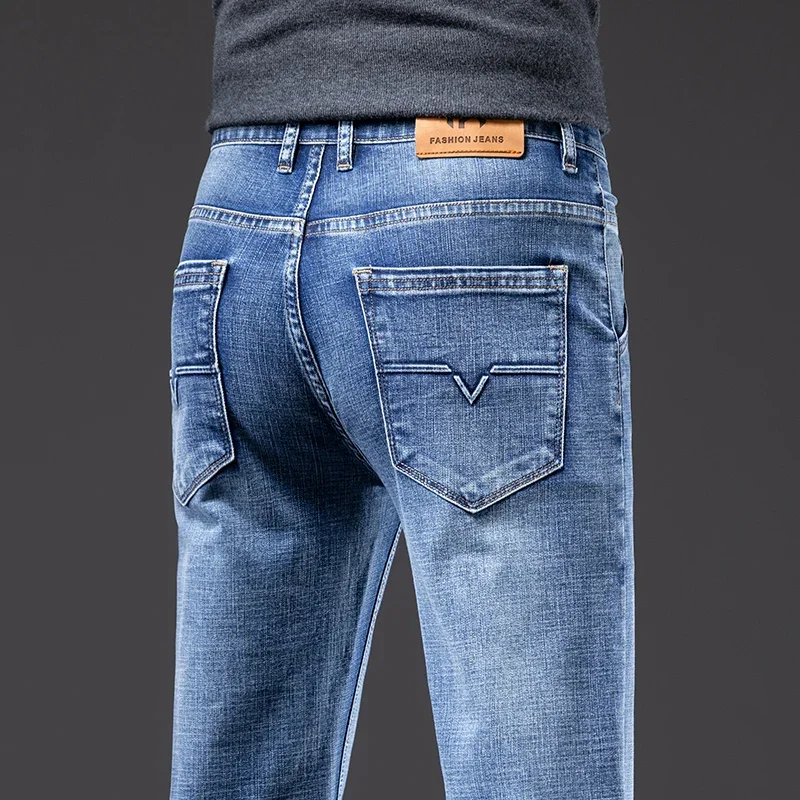 

2023 Spring Autumn New Men's Light Blue Regular Fit Midwight Casual Jeans Classic Style Stretch Denim Fabric Pants Male Brand