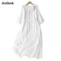 Robes longues d'été vintage brodées de couleur unie pour femmes 2026 – Robe blanche fine et respirante décontractée pour femme – Vêtement élégant 1