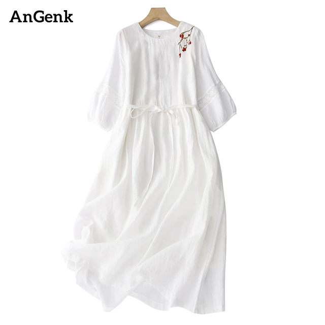 Robes longues d'été vintage brodées de couleur unie pour femmes 2026 – Robe blanche fine et respirante décontractée pour femme – Vêtement élégant 1