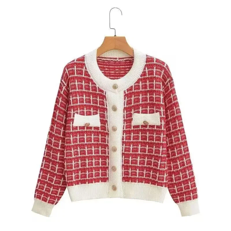 

NMZM Early Autumn Sweater Women's Knitted Cardigan New Year 2023 Spring and Autumn Checkered Small Fragrant Coat O-Neck Sweater