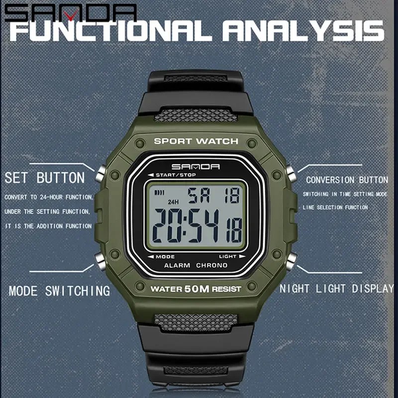 SANDA 2156 Army Dial Led Digital Wristwatches Stopwatches For Male Fashion Mens Watch Military Water Resistant Sport Watches 6