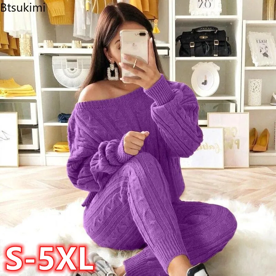 Conjunto de 2 piezas para mujer, chándal informal de punto, ropa suéter cálido + trajes con pantalones largos, ropa de otoño, otoño e invierno, S 5XL|Trajes de pantalón| AliExpress