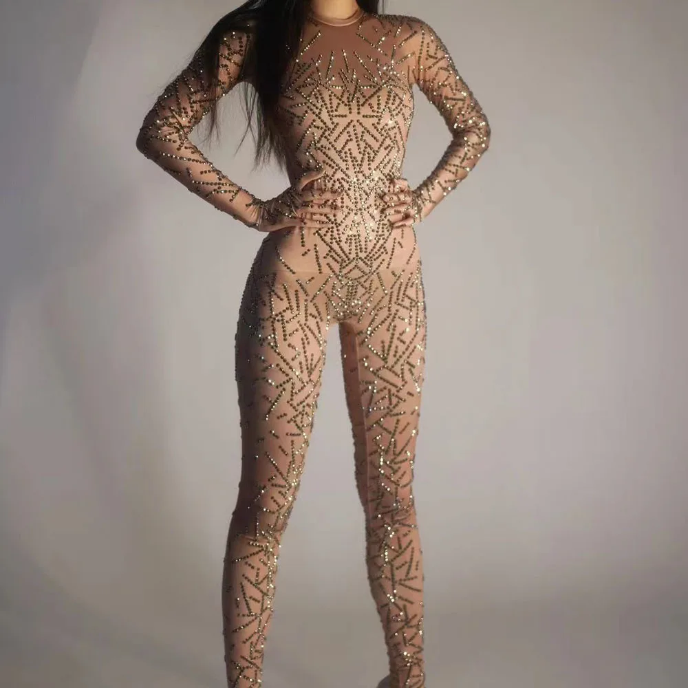 

Sparkly Silver Rhinestones Nude Jumpsuit Sexy Nightclub Bar Wear Crystals Jumpsuit Costume Prom Birthday Celebrate Club Outfit