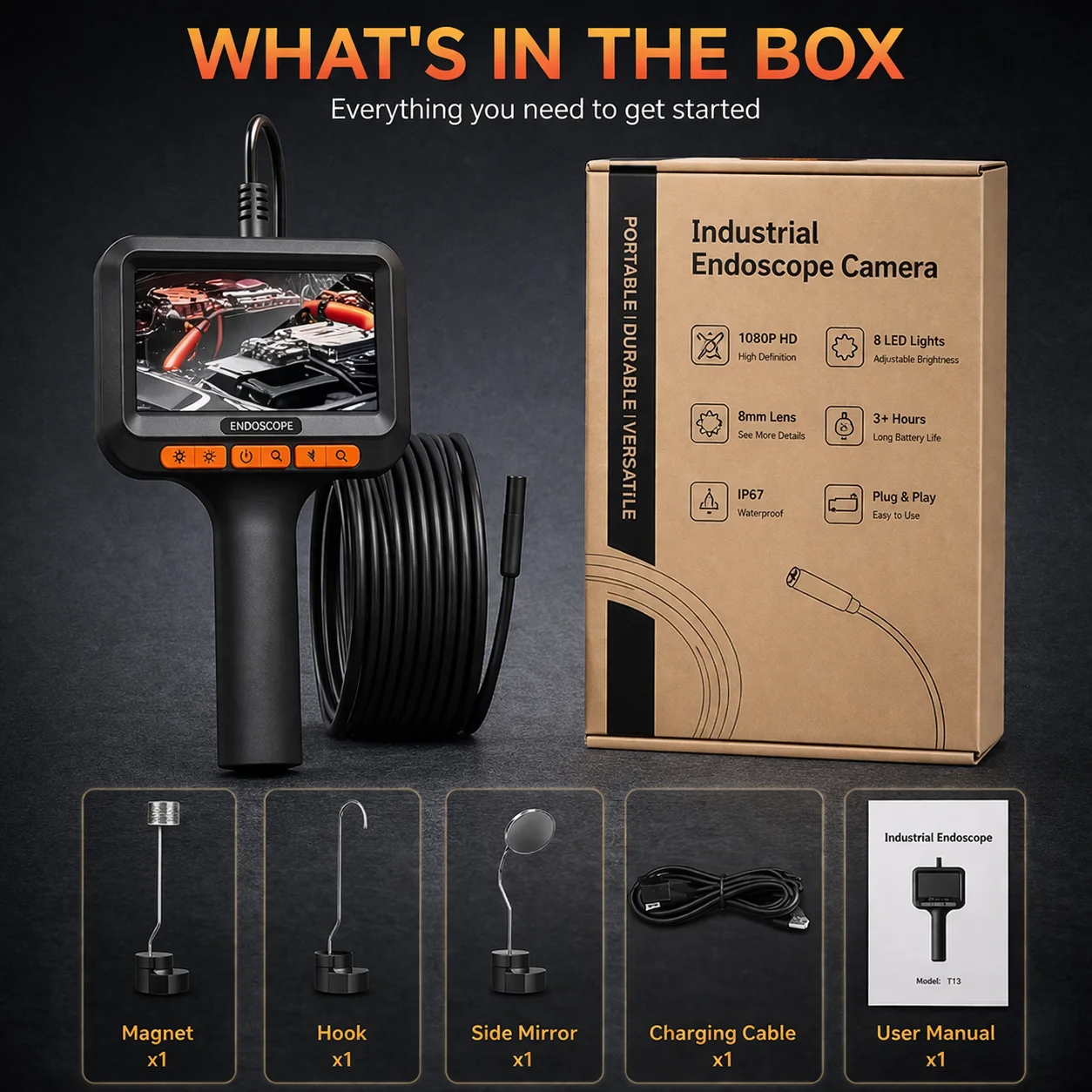 8.0mm 10m/15m/20m Endoscope Camera HD 1080P 4.3 Inch IP6 Waterproof Car Pipe Sewerage Inspection Borescope 2600mAh 6