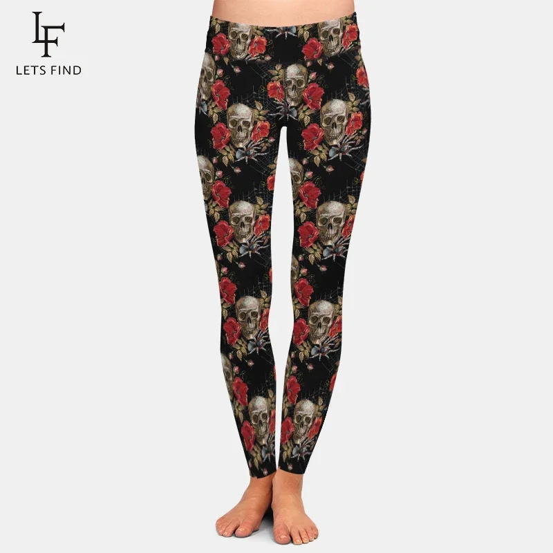 

LETSFIND Sexy High Waist Women Soft Fitness Leggings Fashion Skull and Flowers Printing Elastic Slim Leggings