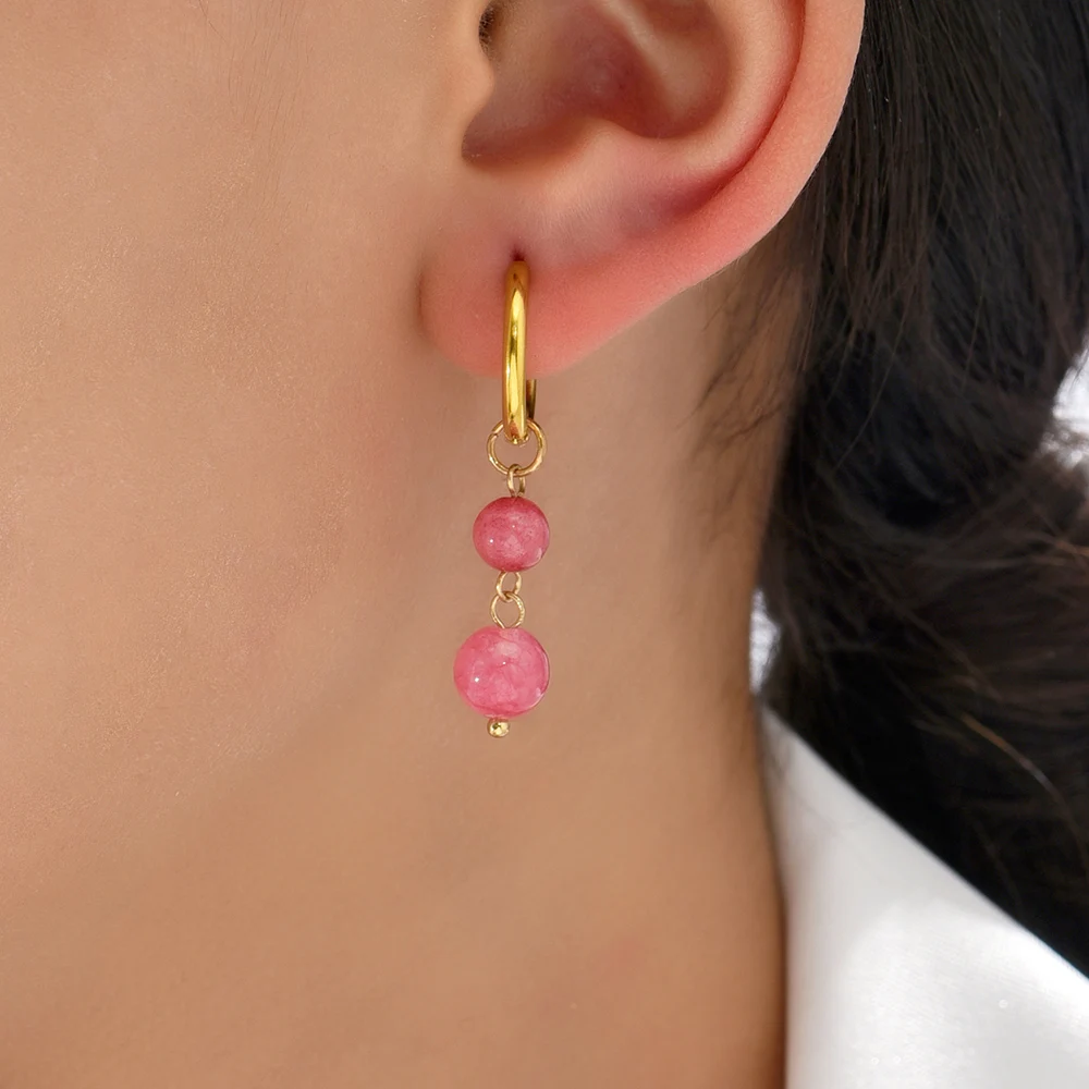 Multicolor Natural Stone Geometric Square Heart Beads Earring for Women Girls Stainless Steel Small Round Hoops Bohemia Jewelry