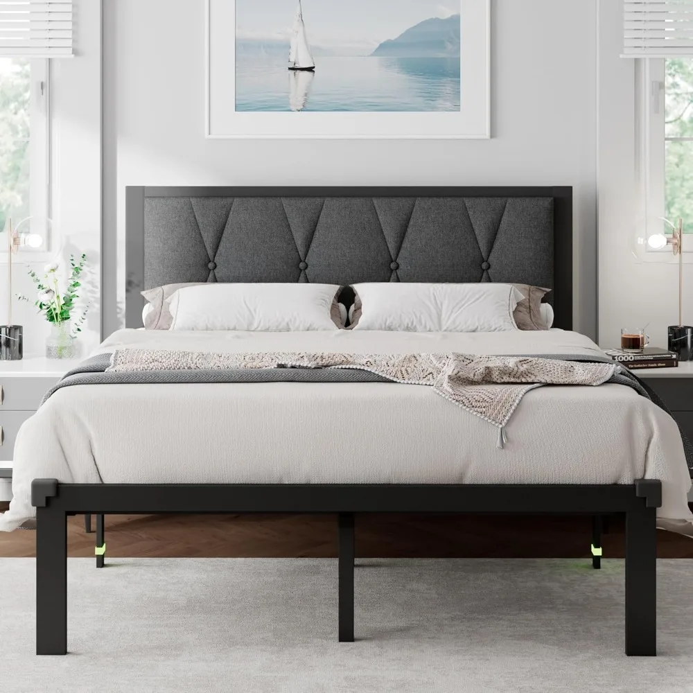 Queen Size Metal Bed Frame with Fabric Button Tufted Headboard, Platform Bed Frame with Heavy Duty Metal Slats, 12" Stor