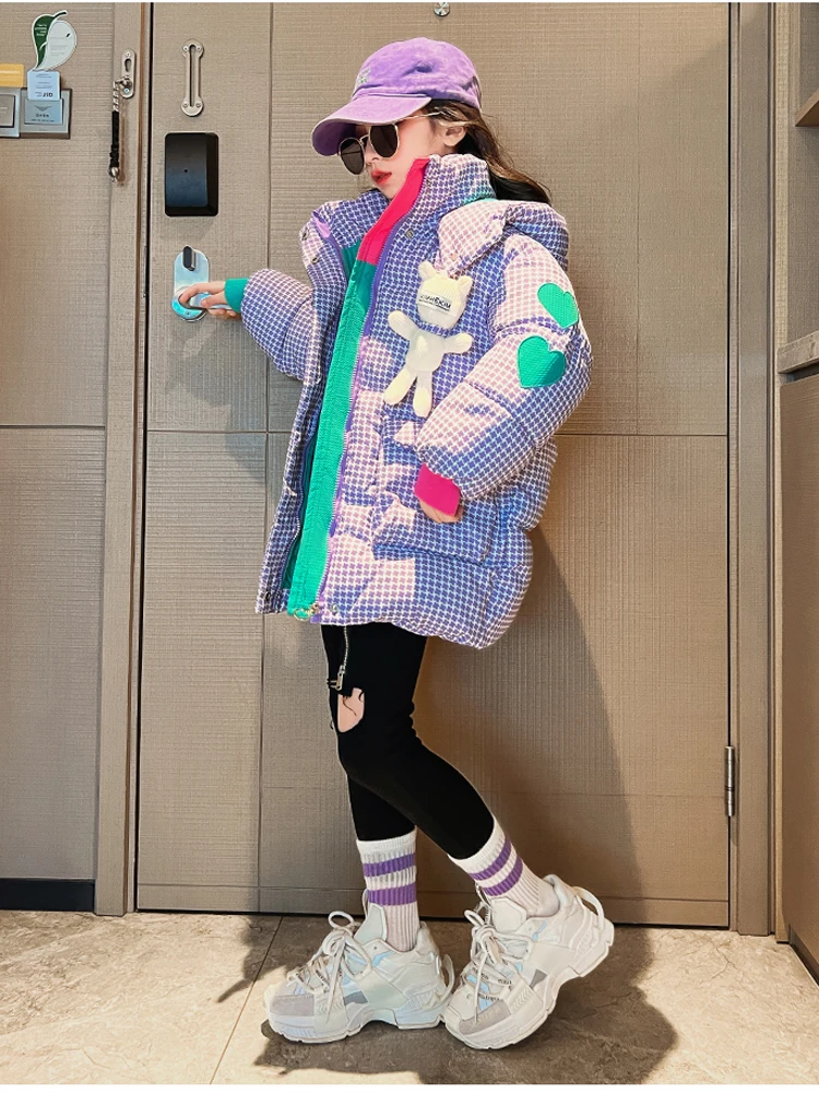 Girls Short Parkas Winter Cotton Jacket Houndstooth Fashion Spliced Hooded children jackets,girls coat,down jacket