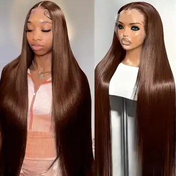 Chocolate Brown Straight Human Hair Wig 46 Inches 13x6 Transparent HD Lace Frontal Pre Plucked Natural Hairline Wig For Women 1
