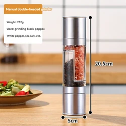 Dual-Chamber Manual Stainless Steel Spice Mill with Adjustable Ceramic Grinder (Light Grey)