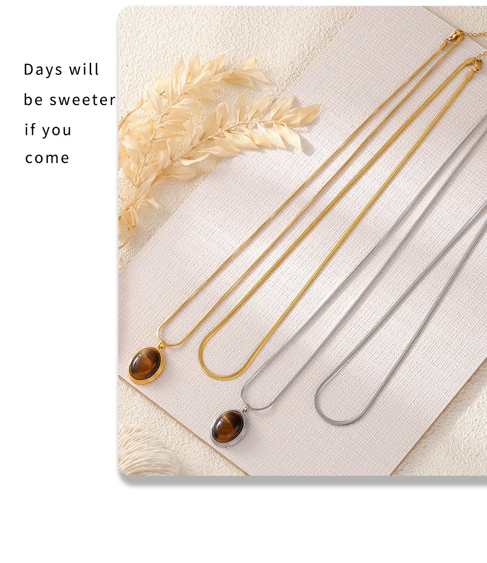 Frauen ovale Perlen Anhänger Edelstahl Halskette Natur Tigerauge Steine vergoldet Luxus Schlüsselbein Kette Schmuck Geschenk – Detail 11