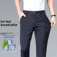 Summer Men's Business Casual Pants Mid-Young Men's Formal Lightweight Straight-Leg Ice Silk 9/4 Speed Dry Pants Casual Trousers