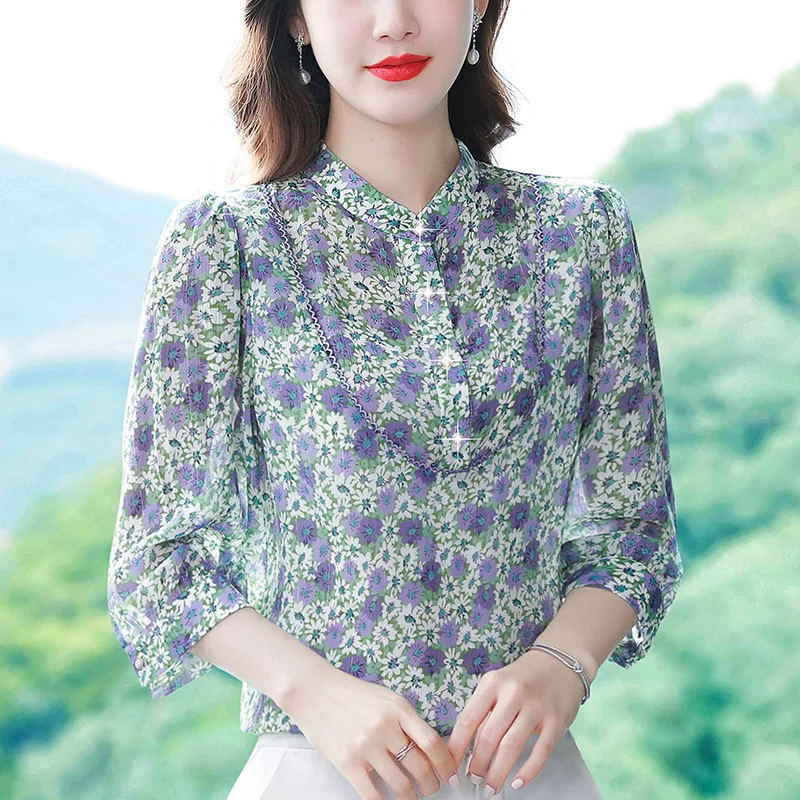 

Spring Autumn Fragmented Chiffon Shirt Loose Casual Korean Fashion 3/4 Sleeve Blouse Female Clothing Prairie Chic Tops