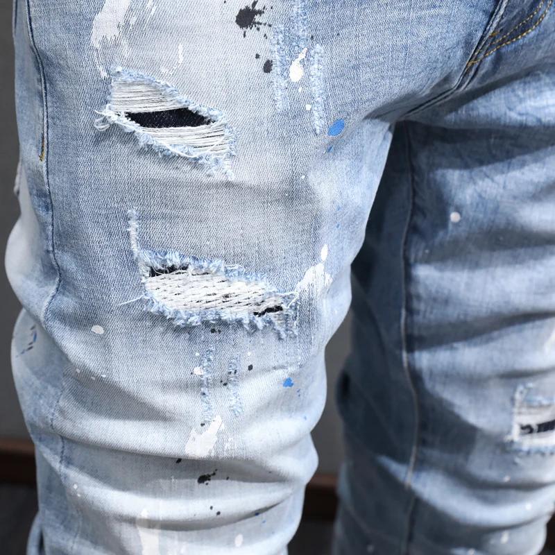 Street Fashion Men Jeans Retro Light Blue Slim Fit Elastic Hole Ripped Jeans Men Stretch Trousers Painted Designer Hip Hop Pants