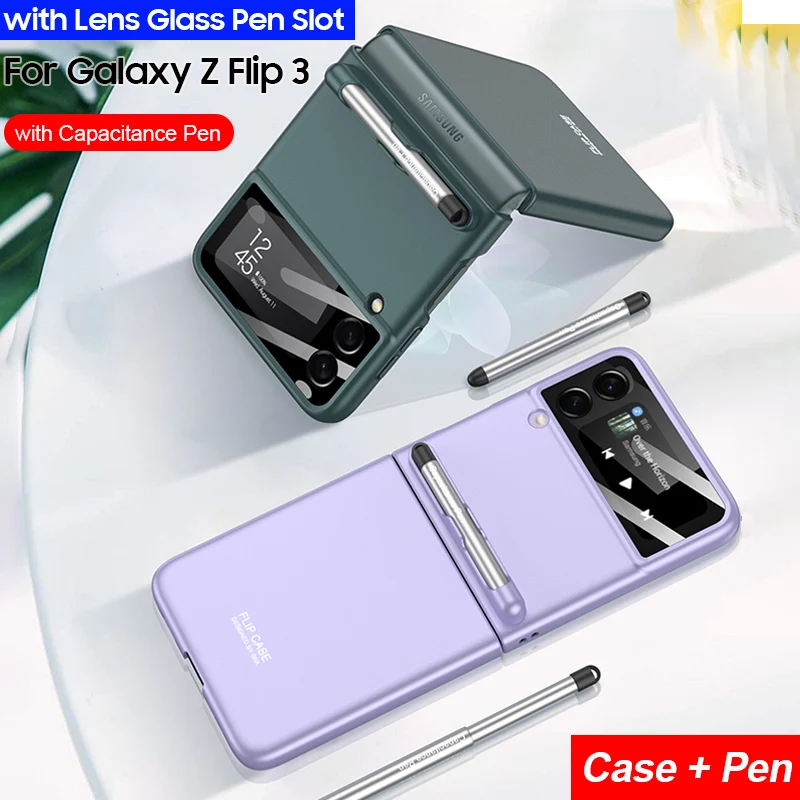 

Z Flip 3 Case With Capacitance Pen for Samsung Galaxy Z Flip 3 Flip3 5G Case with Pen Slot Plastic Camera Lens Tempered Glass