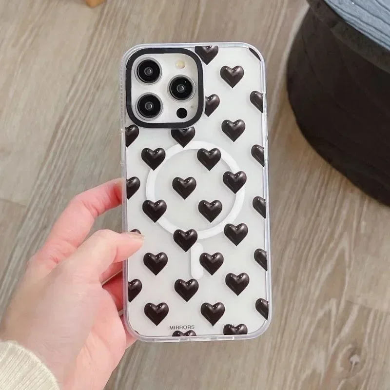 Acrylic Transparent Border Black Heart iPhone 13 15 14 Pro Max Protective Case, Fits iPhone 15 Pro Max