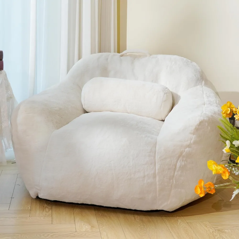 Large Bean Bag Chairs for Adults, Faux Fur Fabric Giant Bean Bag Chair with Pillow, Soft Sofa Chair with Ergonomic Supp