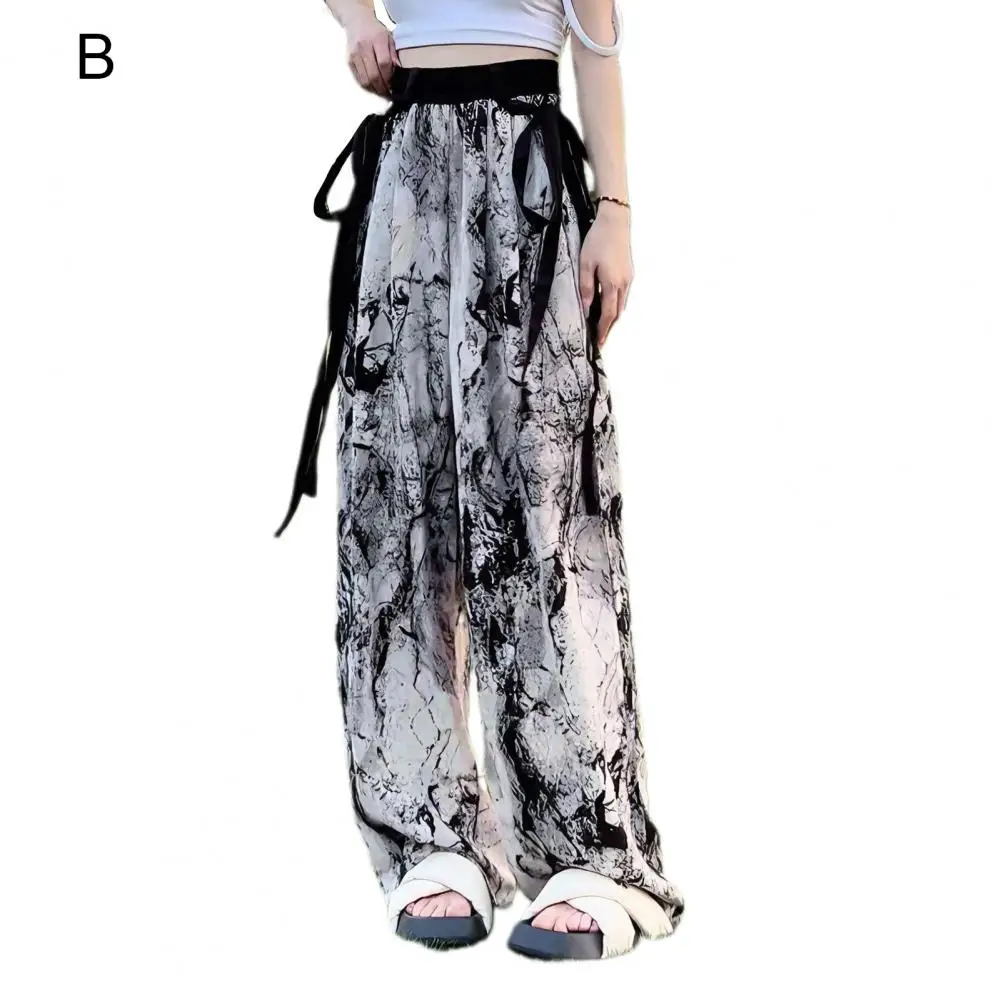 

Summer Casual Wide Leg Pants Chinese-style Ink Bamboo Print Chiffon Pants with Streamer Decoration Women's Wide Leg Summer