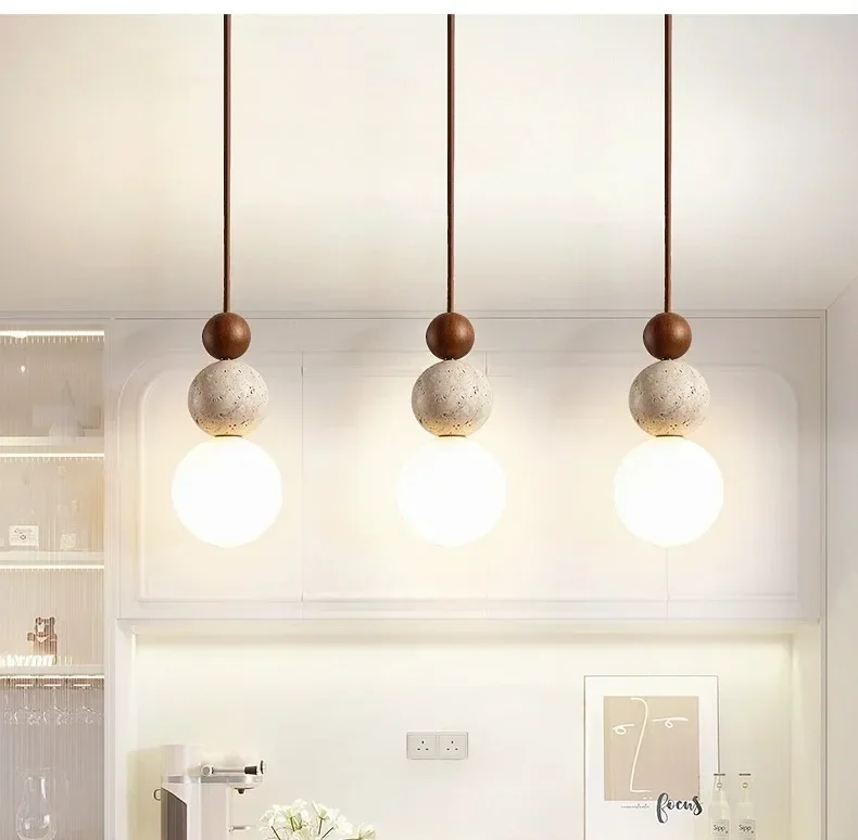 Description Picture 5 of itemModern Natural Stone Wood Pendant Light Travertine LED Chandelier for Bedside Bedroom Restaurant Bar Samll Light Fixtures