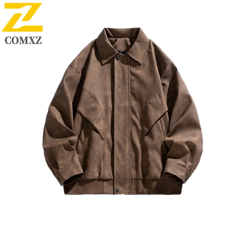 Men's Vintage Baseball Biker Jacket Washed PU Leather Coat Waterproof Windproof Oversized Pilot Streetwear Motorcycle Outerwear