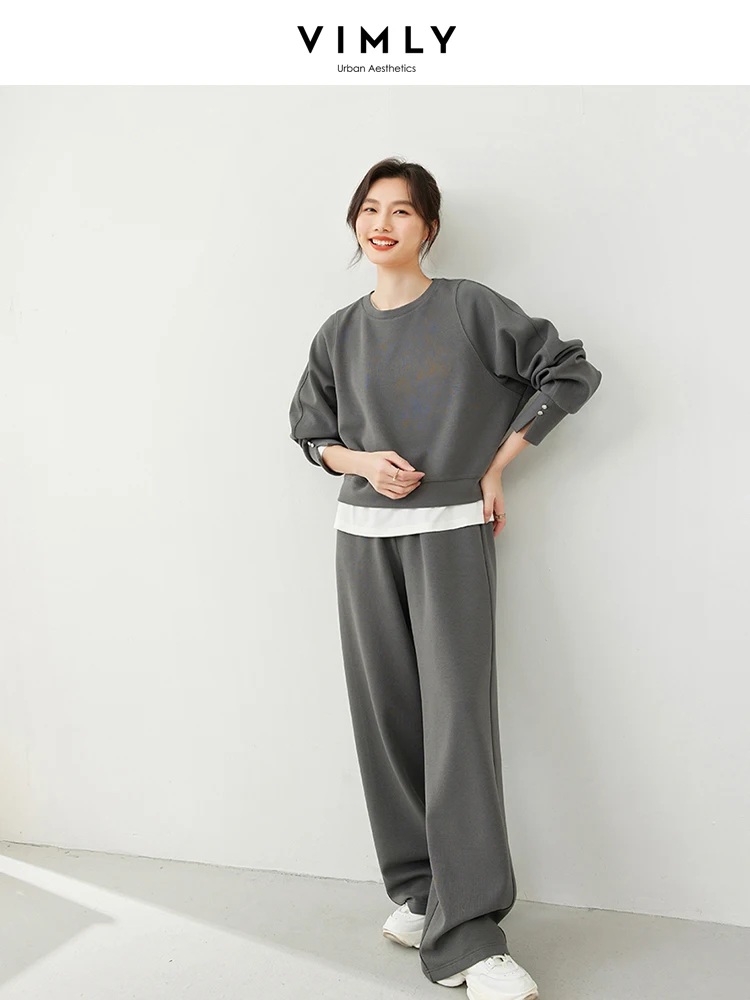 VIMLY Women Casual Round Neck Sweater 2024 Spring/Autumn Office Lady Loose Pullover Top Trousers And Long Pants Sets M5851