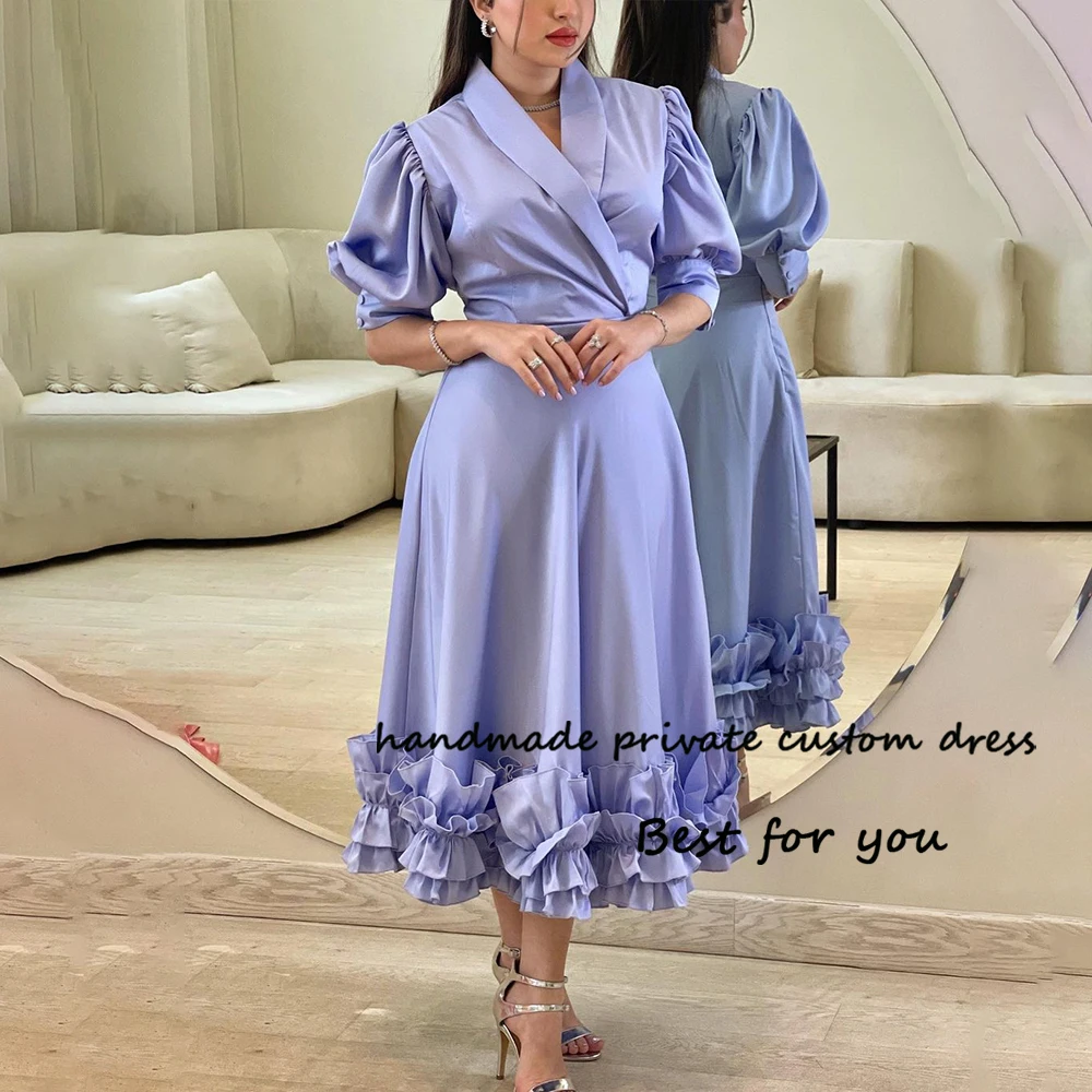 

Lavender Mermaid Evening Dresses Short Sleeve V Neck Arabian Dubai Formal Dress Tea Length Elegant Prom Party Gowns 2024