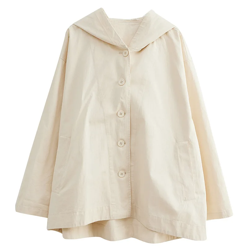 

Women's Hooded Loose Coat, Retro Khaki, Casual Top, Cotton Art, Splice, Large Windbreaker, Spring