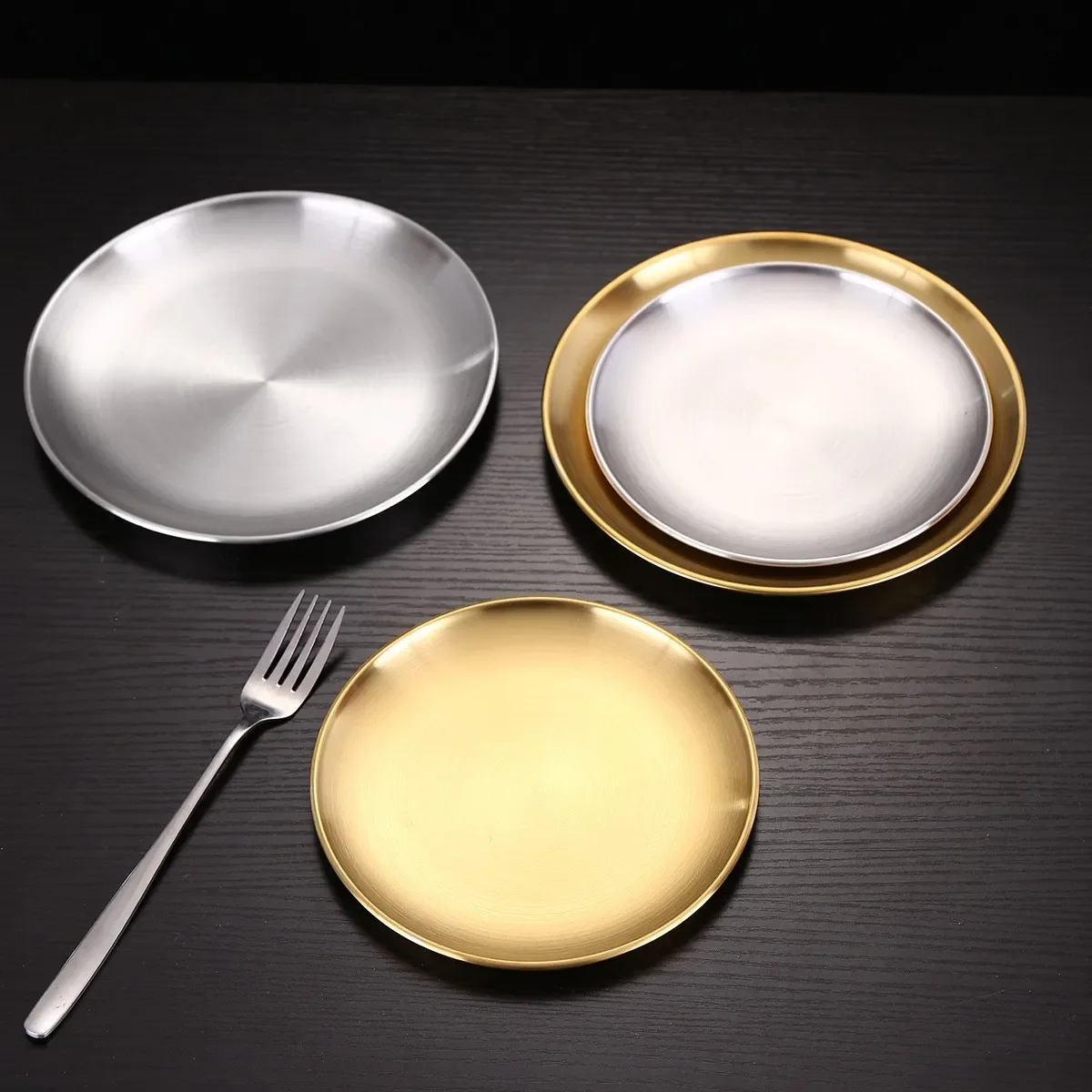 8Pcs Stainless Steel Bone Spitting Dish Korean Style Gold Shallow Tray Fork Metal Dining Disc Round Plate Dessert Tableware