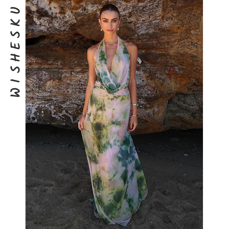 

Sexy Halter Deep V Neck Sleeveless Casual Maxi Dress Women Tie Dyed Print Backless Party Vestido 2024 Summer Y2K Clothes