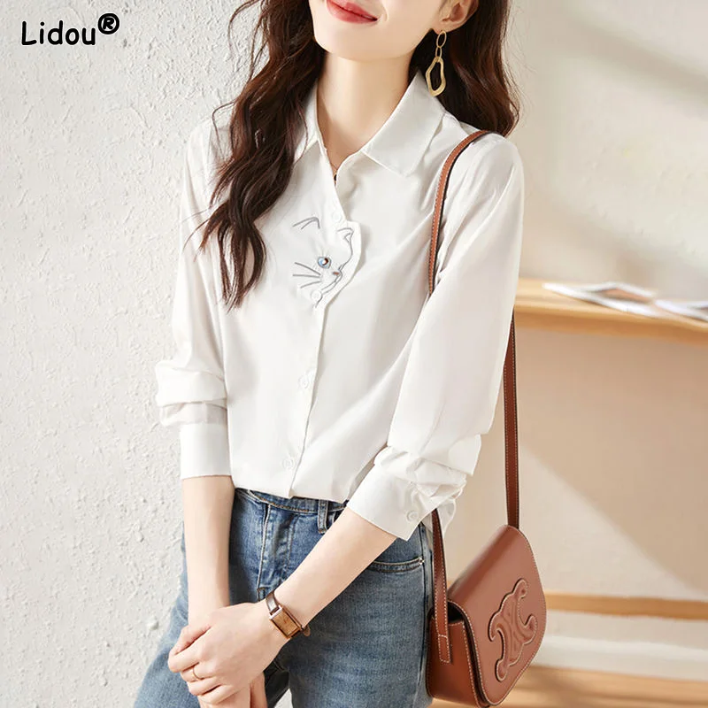 Turn-down Collar Button Temperament Women's Clothing Simplicity Blouses Solid Long Sleeve Fashion Casual Office Lady Loose Tops fashion high waist loose temperament summer simplicity printing dot pattern skirts wide leg women s clothing office lady casual