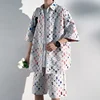 Summer Plaid Sets Men Fashion Short Sleeved Shirt/Shorts Two-piece Mens Streetwear Loose Hollow Out Set Mens Short Sets M-5XL 1