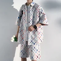 Summer Plaid Sets Men Fashion Short Sleeved Shirt/Shorts Two-piece Mens Streetwear Loose Hollow Out Set Mens Short Sets M-5XL 1
