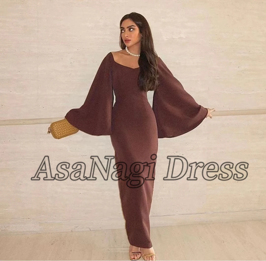 

AsaNagi Brown Satin Prom Dresses V Neck Flare Sleeves Slim Type Women Evening Party Elegant Dress 2023 вечернее платье красное