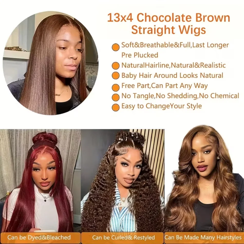250 Density Straight Lace Front Wig Chocolate Brown Human Hair Wigs 13X6 Hd Lace Frontal Wig Pre plucked Colored Brazilian Hair 5
