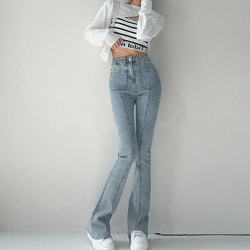 Womens Jeans with Pockets Trousers Flare Woman Pants Slim Fit Skinny Blue Bell Bottom Flared Korean Style Wide Leg Spring New In