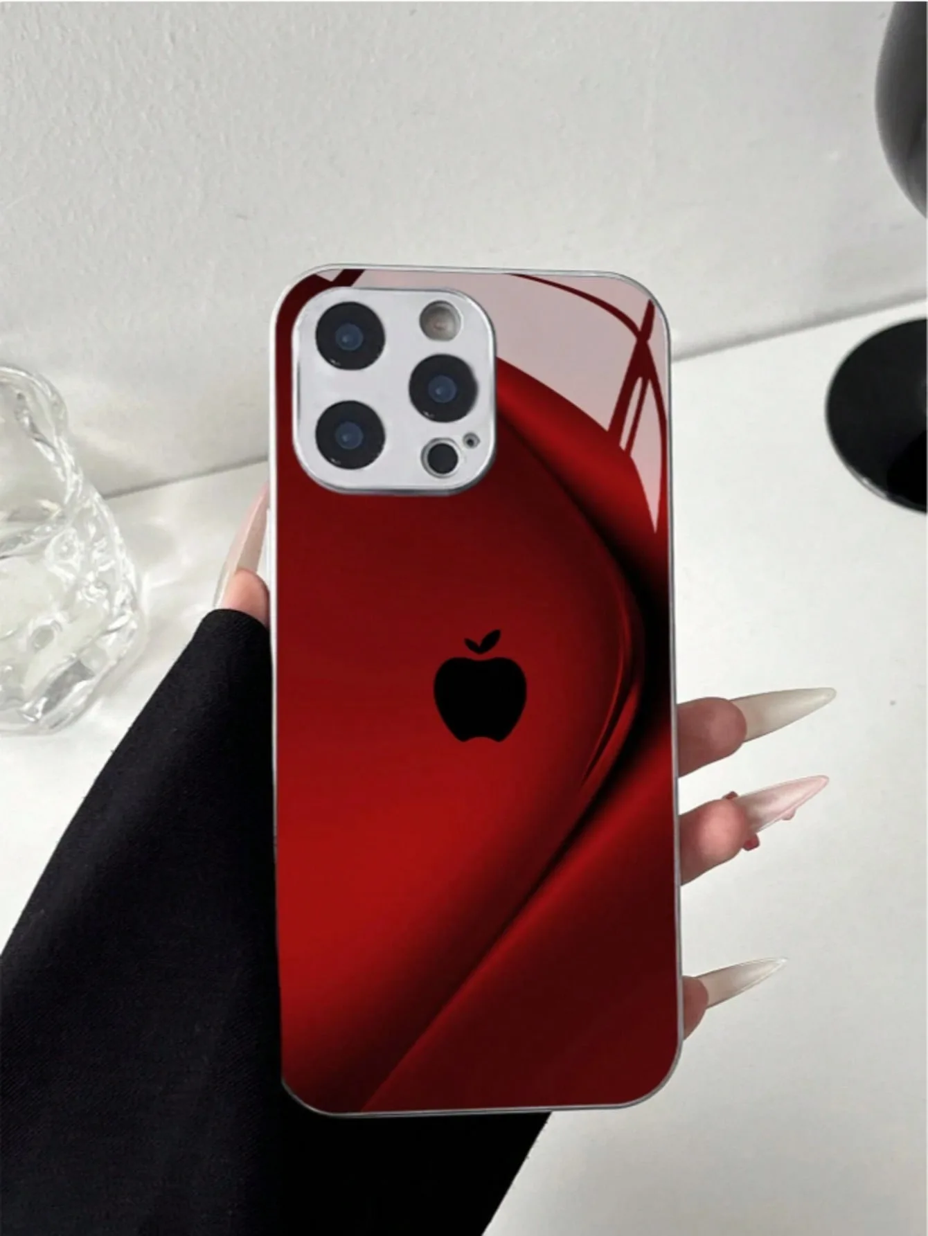 Plating Silver Red Apple Toughened Glass Design Phone Case