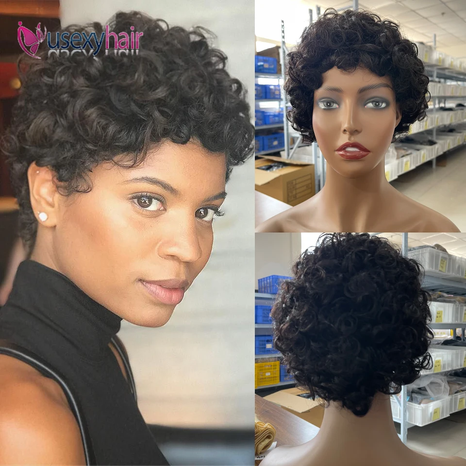 

Pixie Cut Short Curly Human Hair Wig For Black Women Afro Kinky Curly Wave Deep Wave Short Black Brown Color Wig Full Machine