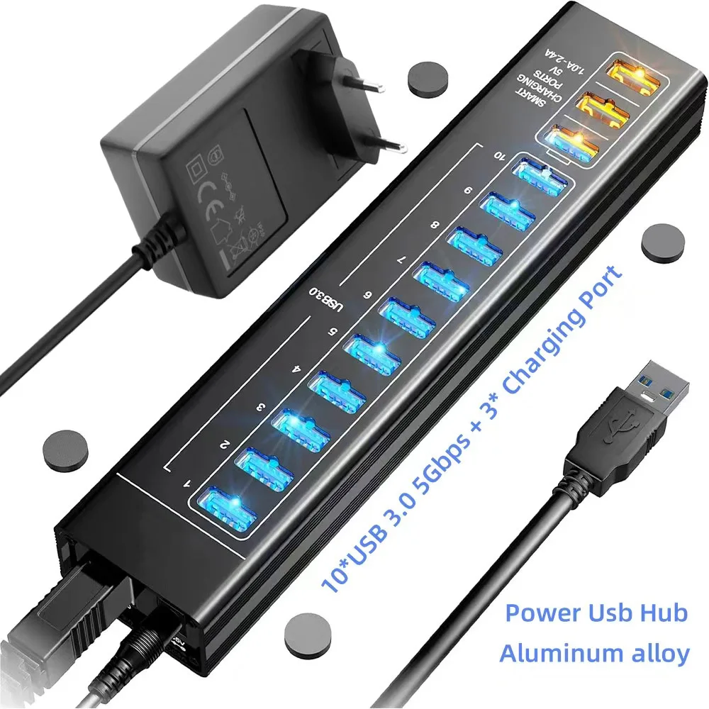 Ultra-Fast Aluminum USB 3.0 Hub with LED Light and Power Adapter